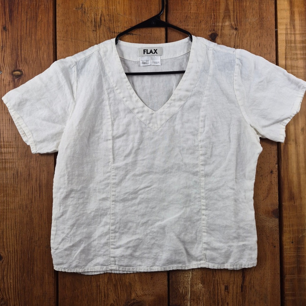 FLAX White 100% Linen V-Neck Short Sleeve Top Blouse Small